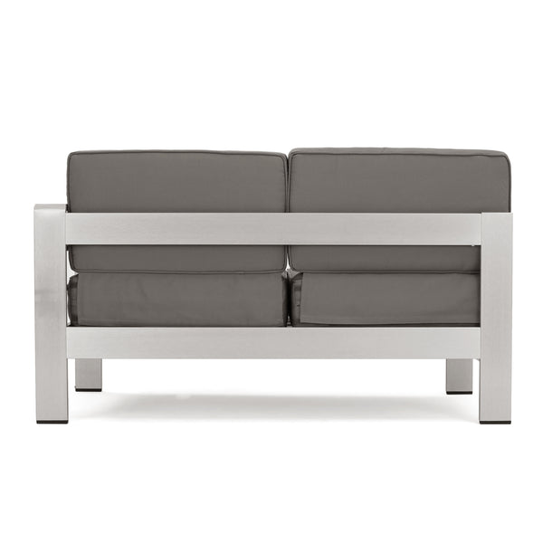 Gdf Studio Danae Outdoor Modern 7 Seater Aluminum Chat Set With Ottomans Silver And Khaki