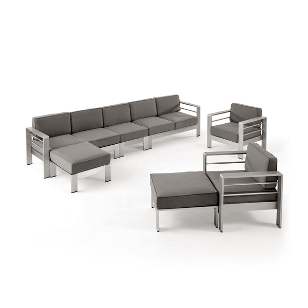 gdf studio Danae Outdoor Modern 7 Seater Aluminum Chat Set with Ottomans Silver and Khaki