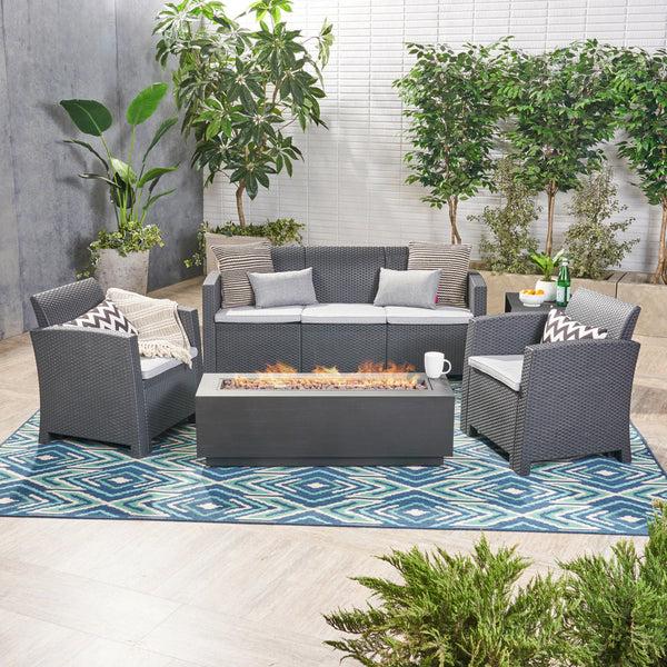 Gdf Studio Dane Outdoor 5-Seater Wicker Print Chat Set With Fire Pit And Tank Holder Charcoal With Light Gray And Dark Gray