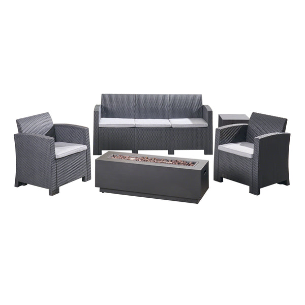 gdf studio Dane Outdoor 5-Seater Wicker Print Chat Set with Fire Pit and Tank Holder Charcoal with Light Gray and Dark Gray