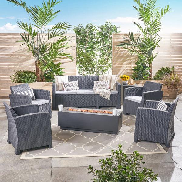 Gdf Studio Dane Outdoor 7-Seater Wicker Print Chat Set With Fire Pit And Tank Holder Charcoal With Light Gray And Dark Gray