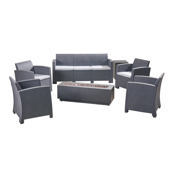 gdf studio Dane Outdoor 7-Seater Wicker Print Chat Set with Fire Pit and Tank Holder Charcoal with Light Gray and Dark Gray