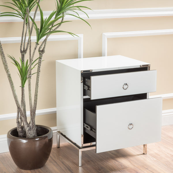 Gdf Studio Danea White Glass 2 Drawer Bedside Table