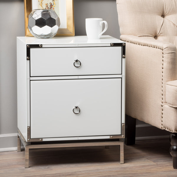 Gdf Studio Danea White Glass 2 Drawer Bedside Table