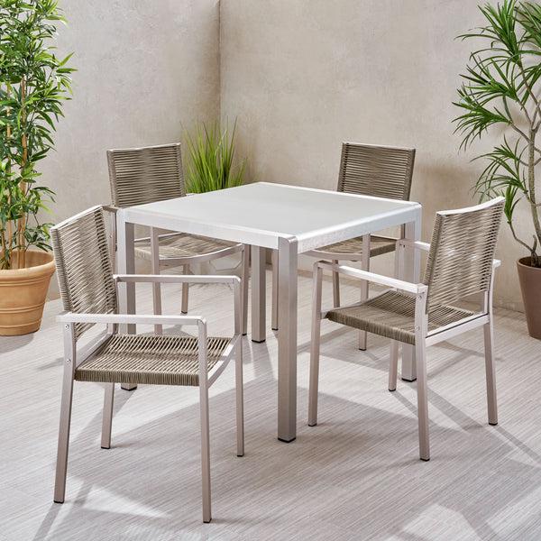 Gdf Studio Danitza Outdoor Modern 4 Seater Aluminum Dining Set With Tempered Glass Table Top