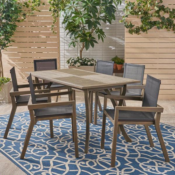Gdf Studio Darlin Outdoor Acacia Wood 7 Piece Dining Set With Mesh Seats