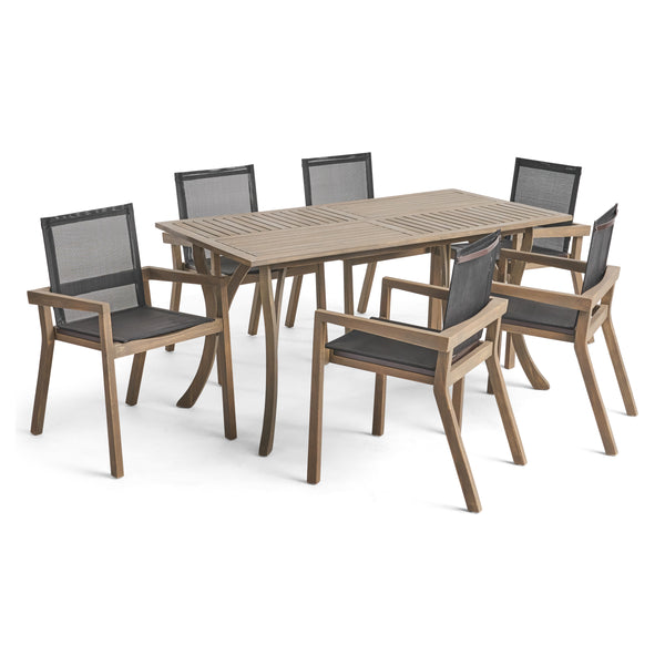 gdf studio Darlin Outdoor Acacia Wood 7 Piece Dining Set with Mesh Seats