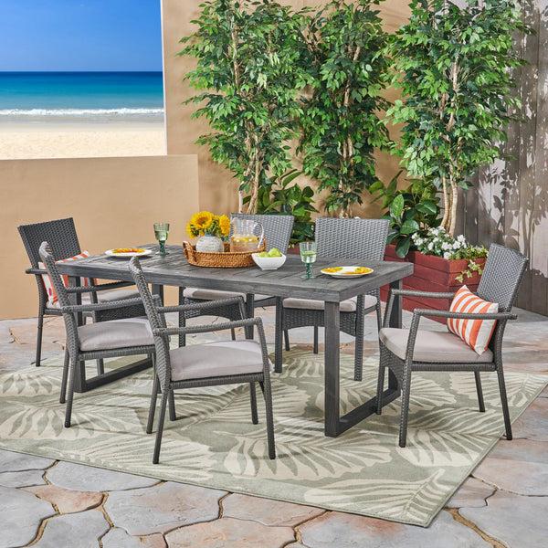 Gdf Studio Dawn Outdoor 6-Seater Acacia Wood Dining Set With Wicker Chairs Sandblast Dark Gray Finish And Gray
