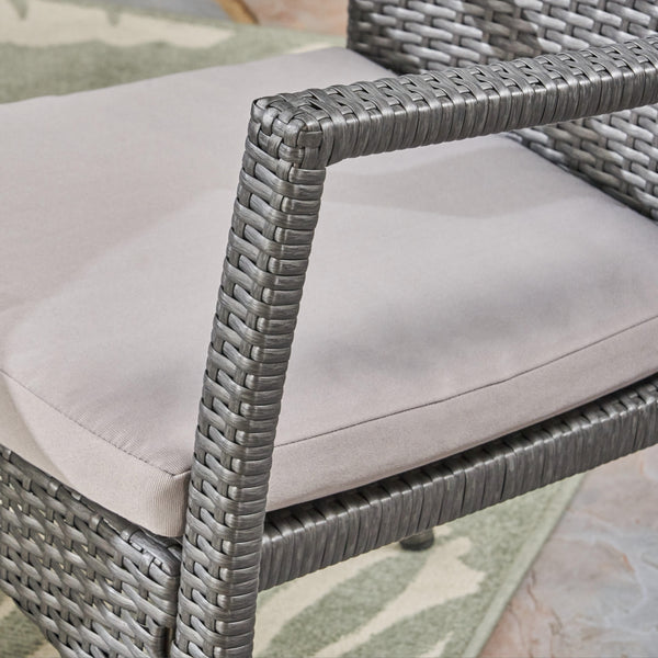 Gdf Studio Dawn Outdoor 6-Seater Acacia Wood Dining Set With Wicker Chairs Sandblast Dark Gray Finish And Gray