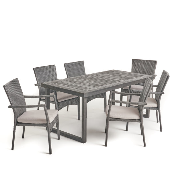 gdf studio Dawn Outdoor 6-Seater Acacia Wood Dining Set with Wicker Chairs Sandblast Dark Gray Finish and Gray