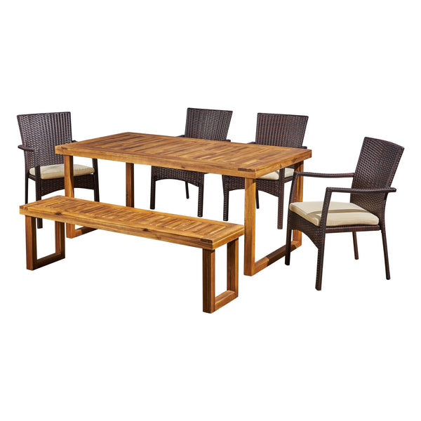 Gdf Studio Dawn Outdoor 6-Seater Wood And Wicker Chair And Bench Dining Set
