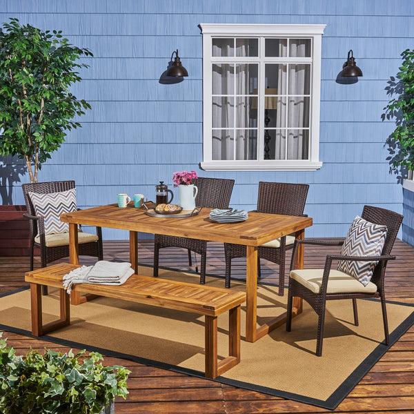 Gdf Studio Dawn Outdoor 6-Seater Wood And Wicker Chair And Bench Dining Set