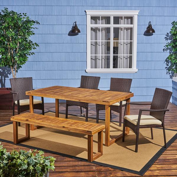 Gdf Studio Dawn Outdoor 6-Seater Wood And Wicker Chair And Bench Dining Set
