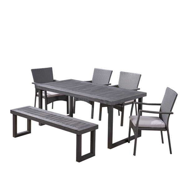 gdf studio Dawn Outdoor 6-Seater Wood and Wicker Chair and Bench Dining Set