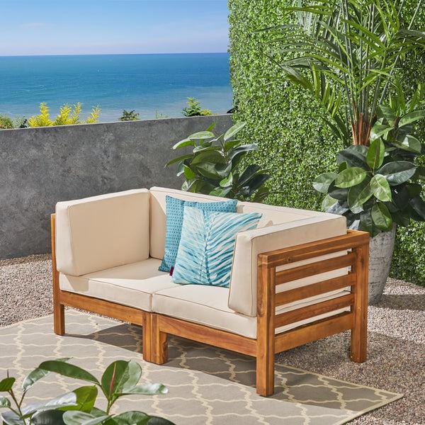 Gdf Studio Dawson Outdoor 2-Seater Acacia Wood Sectional Loveseat Set With Cushions
