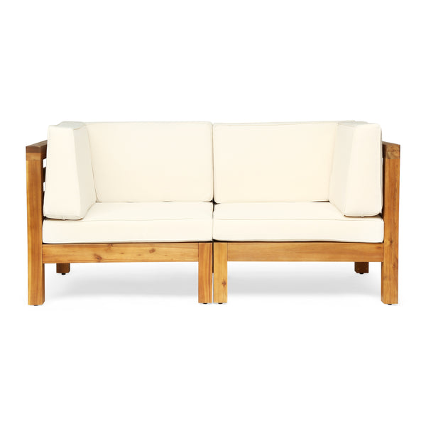 gdf studio Dawson Outdoor 2-Seater Acacia Wood Sectional Loveseat Set with Cushions