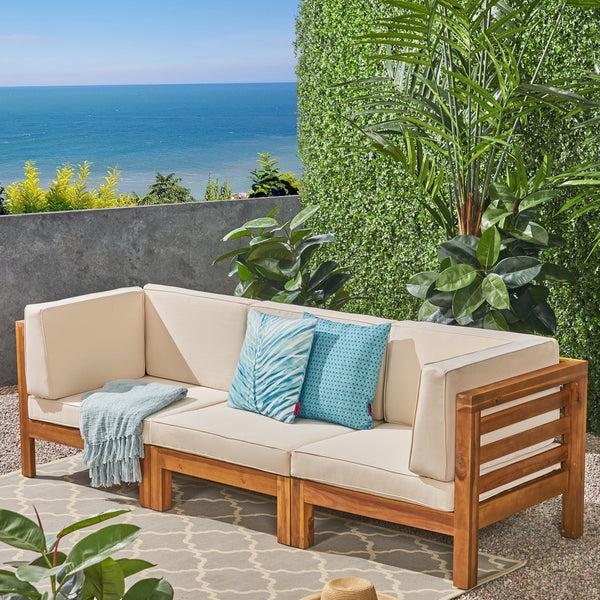 Gdf Studio Dawson Outdoor Sectional Sofa Set - 3-Seater - Acacia Wood - Outdoor Cushions
