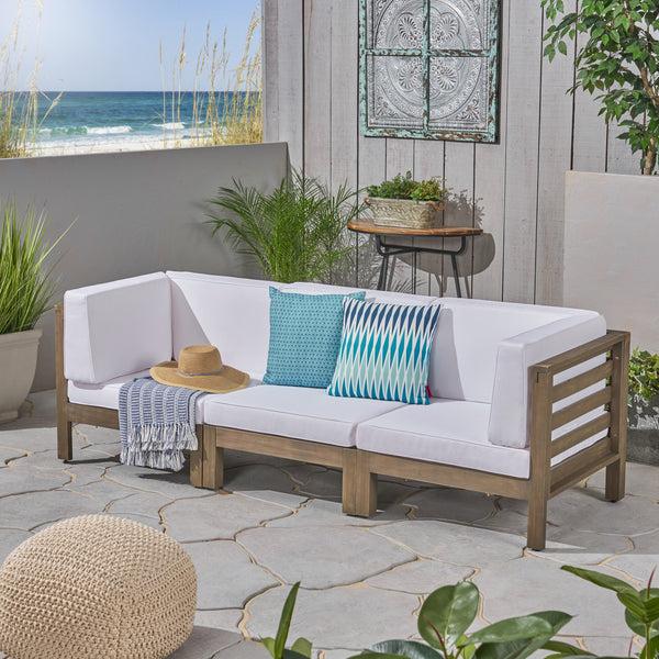 Gdf Studio Dawson Outdoor Sectional Sofa Set - 3-Seater - Acacia Wood - Outdoor Cushions