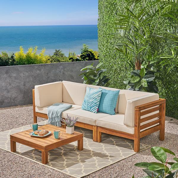 Gdf Studio Dawson Outdoor Sectional Sofa Set With Coffee Table - 4-Piece 3-Seater - Acacia Wood - Outdoor Cushions