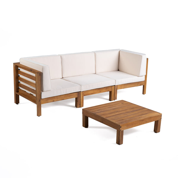 gdf studio Dawson Outdoor Sectional Sofa Set with Coffee Table - 4-Piece 3-Seater - Acacia Wood - Outdoor Cushions