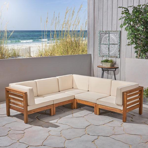 Gdf Studio Dawson Outdoor V-Shaped Sectional Sofa Set - 5-Seater - Acacia Wood - Outdoor Cushions