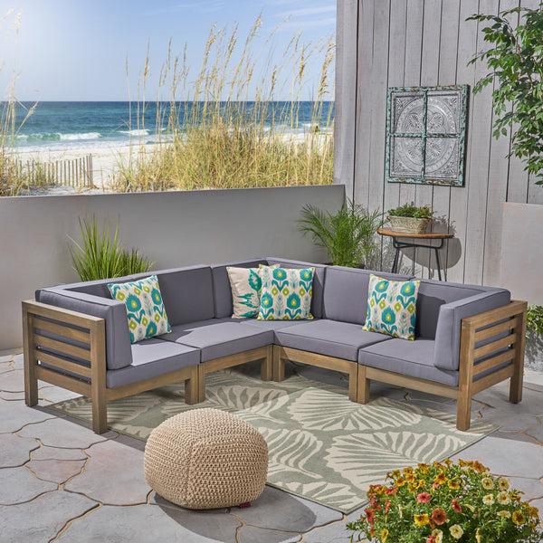 Gdf Studio Dawson Outdoor V-Shaped Sectional Sofa Set - 5-Seater - Acacia Wood - Outdoor Cushions