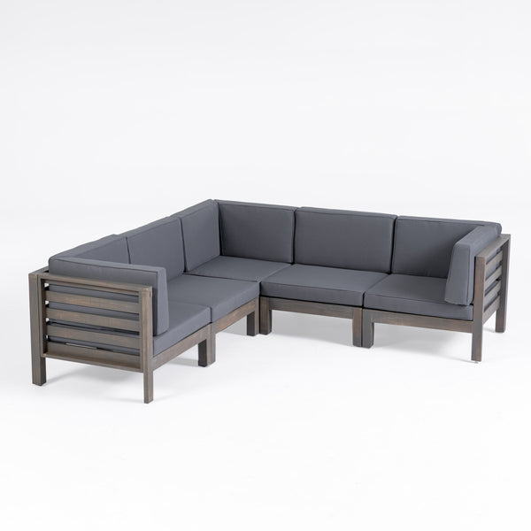 gdf studio Dawson Outdoor V-Shaped Sectional Sofa Set - 5-Seater - Acacia Wood - Outdoor Cushions