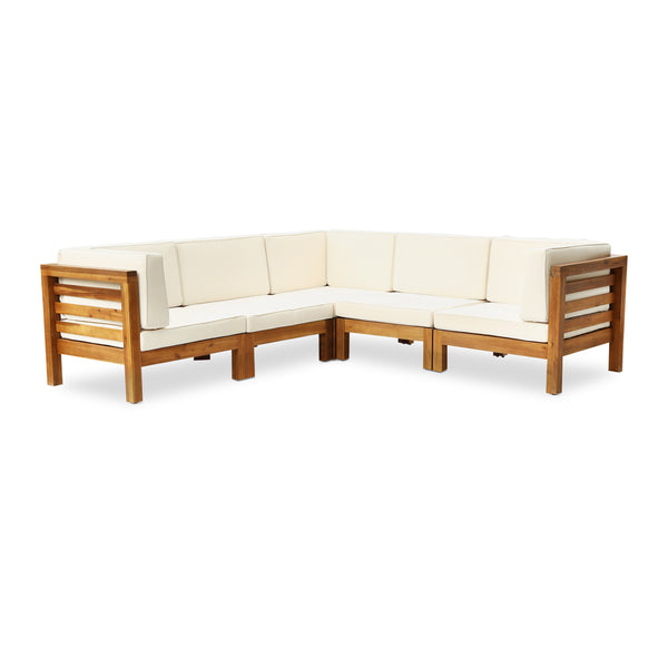 gdf studio Dawson Outdoor V-Shaped Sectional Sofa Set - 5-Seater - Acacia Wood - Outdoor Cushions