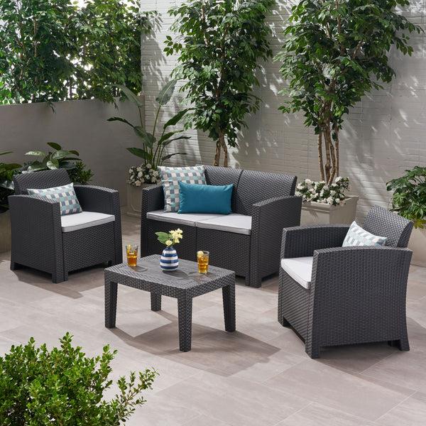 Gdf Studio Dayton Outdoor 4 Piece Faux Wicker Rattan Chat Set With Water Resistant Cushions