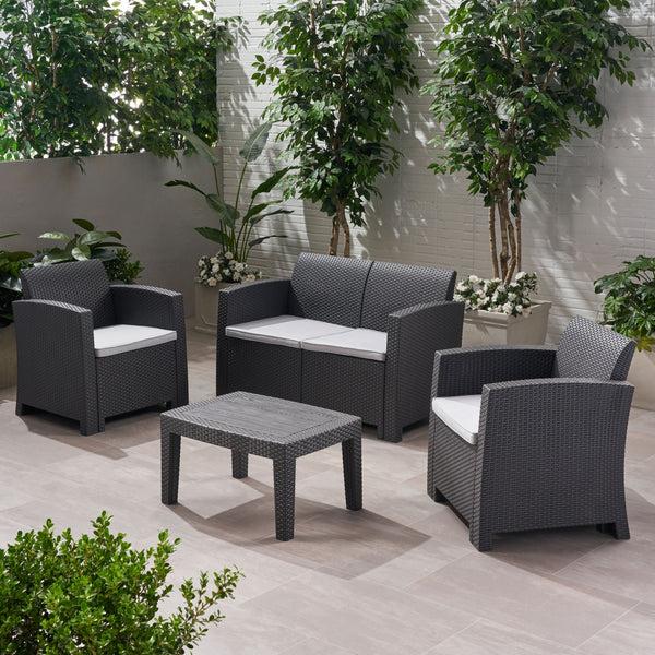 Gdf Studio Dayton Outdoor 4 Piece Faux Wicker Rattan Chat Set With Water Resistant Cushions