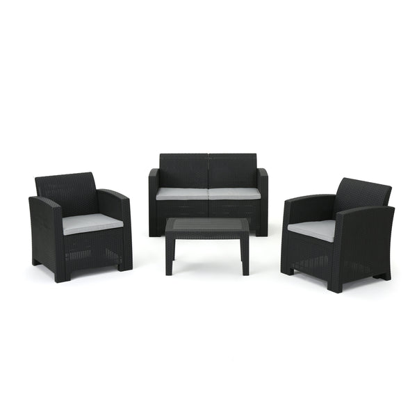 gdf studio Dayton Outdoor 4 Piece Faux Wicker Rattan Chat Set with Water Resistant Cushions