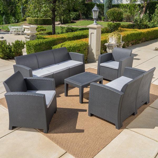 Gdf Studio Dayton Outdoor 5 Piece Faux Wicker Rattan Chat Set With Sofa And Water Resistant Cushions