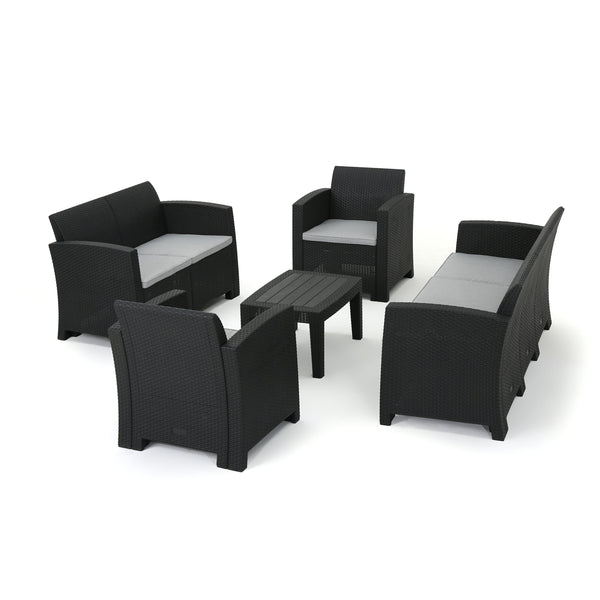 gdf studio Dayton Outdoor 5 Piece Faux Wicker Rattan Chat Set with Sofa and Water Resistant Cushions
