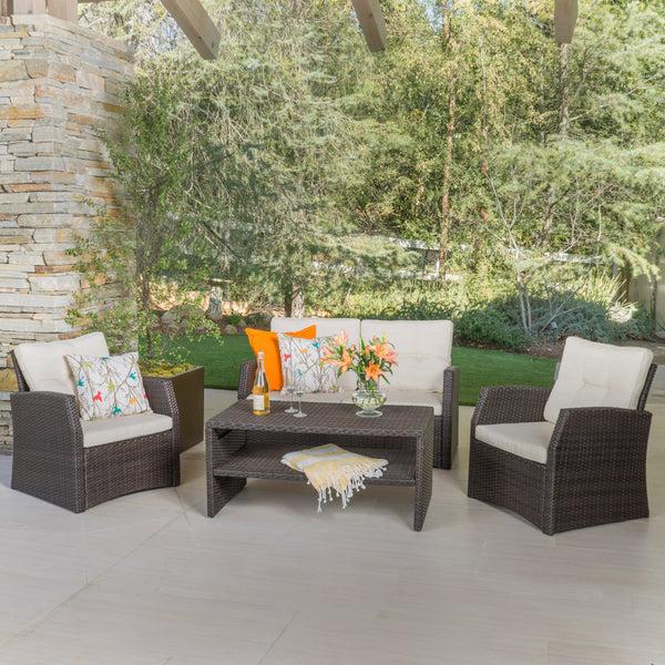 Gdf Studio Del Norte Outdoor 4 Piece Dark Brown Wicker Chat Set With Beige Water Resistant Cushions