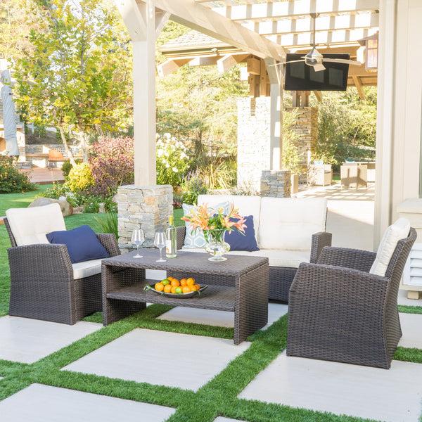 Gdf Studio Del Norte Outdoor 4 Piece Dark Brown Wicker Chat Set With Beige Water Resistant Cushions