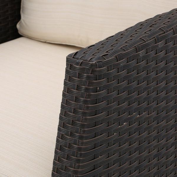 Gdf Studio Del Norte Outdoor 4 Piece Dark Brown Wicker Chat Set With Beige Water Resistant Cushions