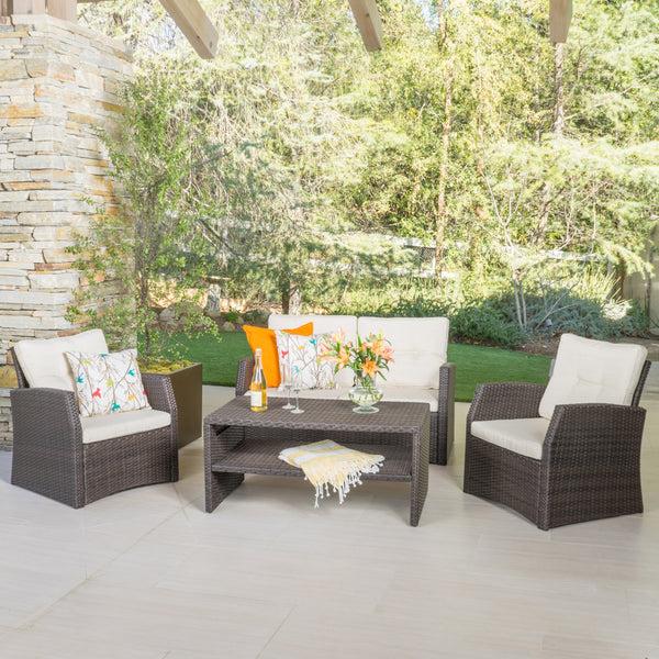 gdf studio Del Norte Outdoor 4 Piece Dark Brown Wicker Chat Set with Beige Water Resistant Cushions