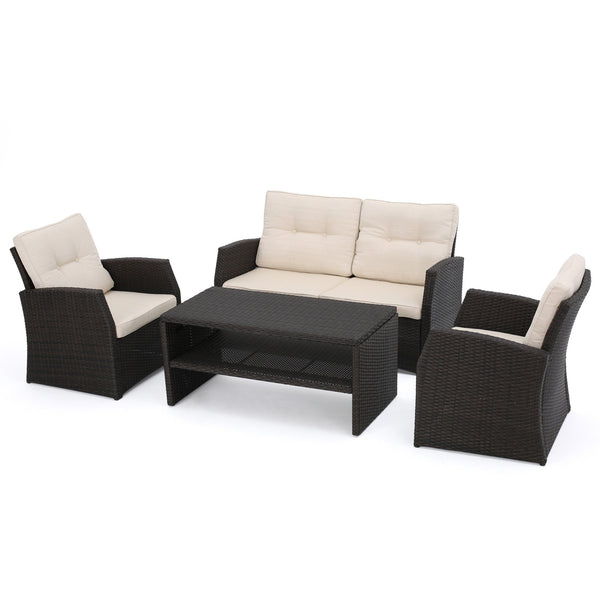 gdf studio Del Norte Outdoor 4 Piece Dark Brown Wicker Chat Set with Beige Water Resistant Cushions