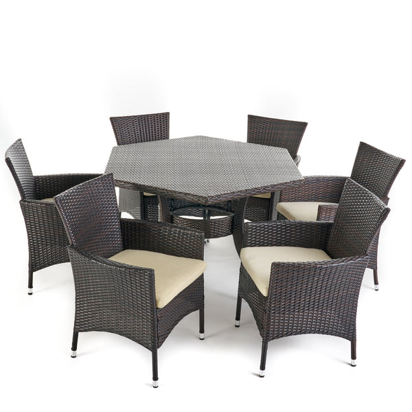 gdf studio Delilah Outdoor 7 Piece Wicker Hexagon Dining Set with Stacking Chairs