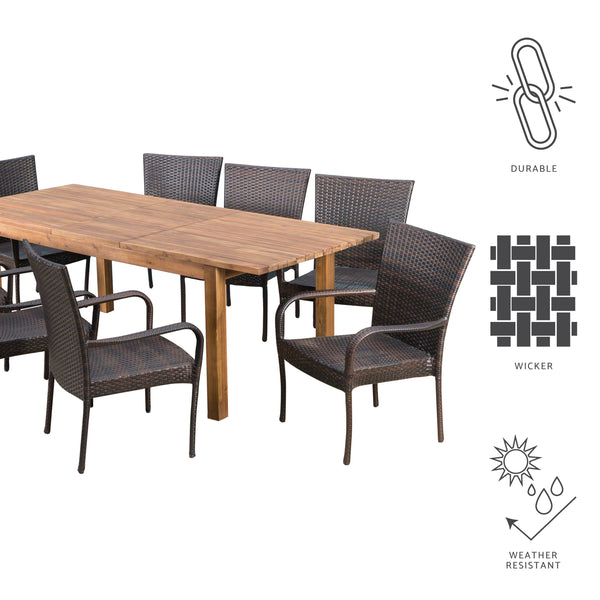 Gdf Studio Delilah Outdoor 9 Piece Wicker Dining Set With Wood Expandable Dining Table