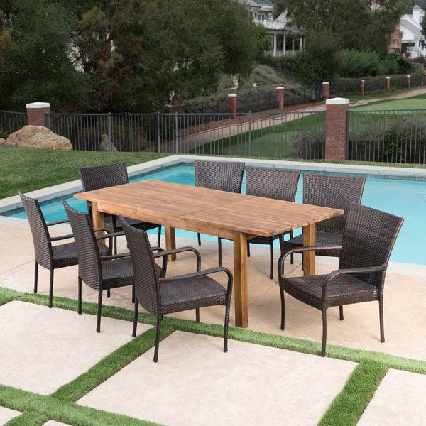 Gdf Studio Delilah Outdoor 9 Piece Wicker Dining Set With Wood Expandable Dining Table