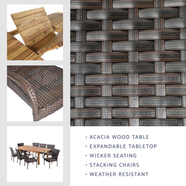 Gdf Studio Delilah Outdoor 9 Piece Wicker Dining Set With Wood Expandable Dining Table