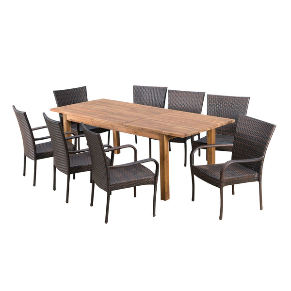 gdf studio Delilah Outdoor 9 Piece Wicker Dining Set with Wood Expandable Dining Table