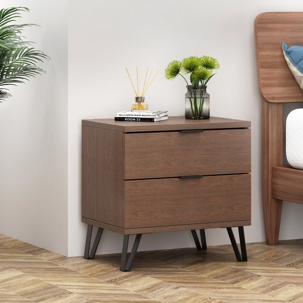 gdf studio Demijen Modern Industrial 2 Drawer Wide Nightstand Walnut and Matte Black