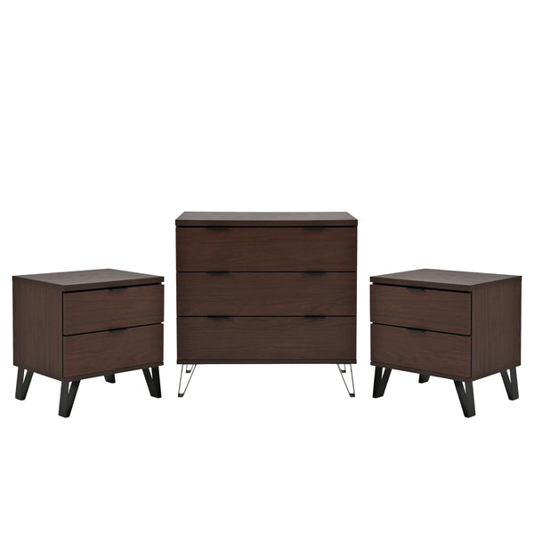 gdf studio Demijen Modern Industrial 3 Piece 3 Drawer Dresser and Nightstand Bedroom Set Walnut and Matte Black