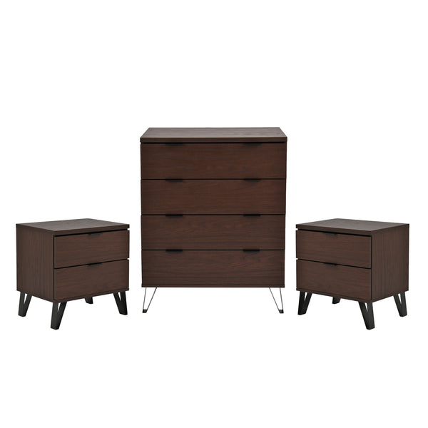gdf studio Demijen Modern Industrial 3 Piece 4 Drawer Dresser and Nightstand Bedroom Set Walnut and Matte Black