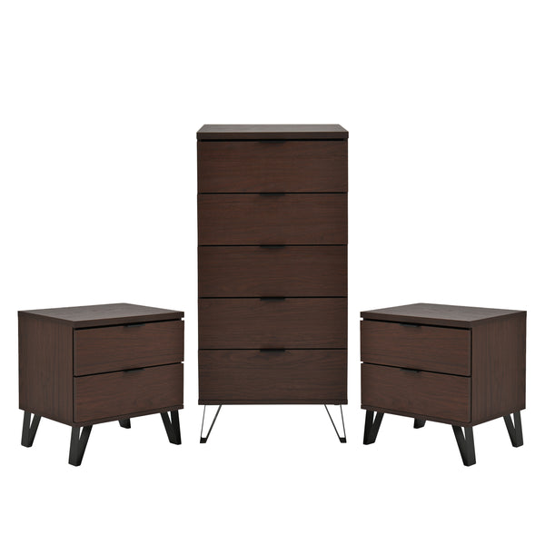 gdf studio Demijen Modern Industrial 3 Piece 5 Drawer Dresser and Nightstand Bedroom Set Walnut and Matte Black