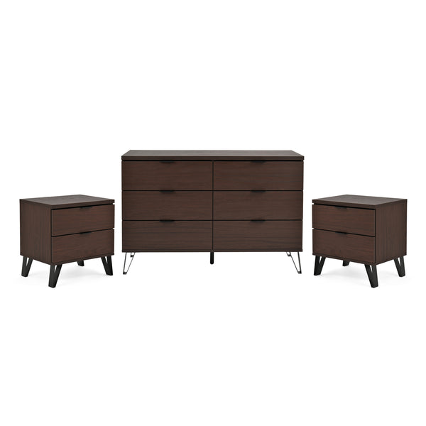 gdf studio Demijen Modern Industrial 3 Piece Double Dresser and Nightstand Bedroom Set Walnut and Matte Black