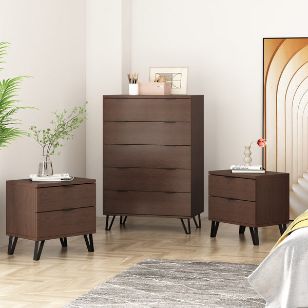 Gdf Studio Demijen Modern Industrial 3 Piece Wide 5 Drawer Dresser And Nightstand Bedroom Set Walnut And Matte Black