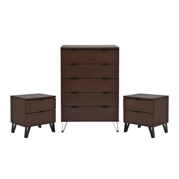 gdf studio Demijen Modern Industrial 3 Piece Wide 5 Drawer Dresser and Nightstand Bedroom Set Walnut and Matte Black